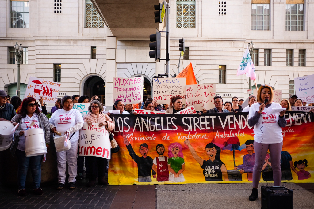 A crowd gathering in support of street vendors in Los Angeles